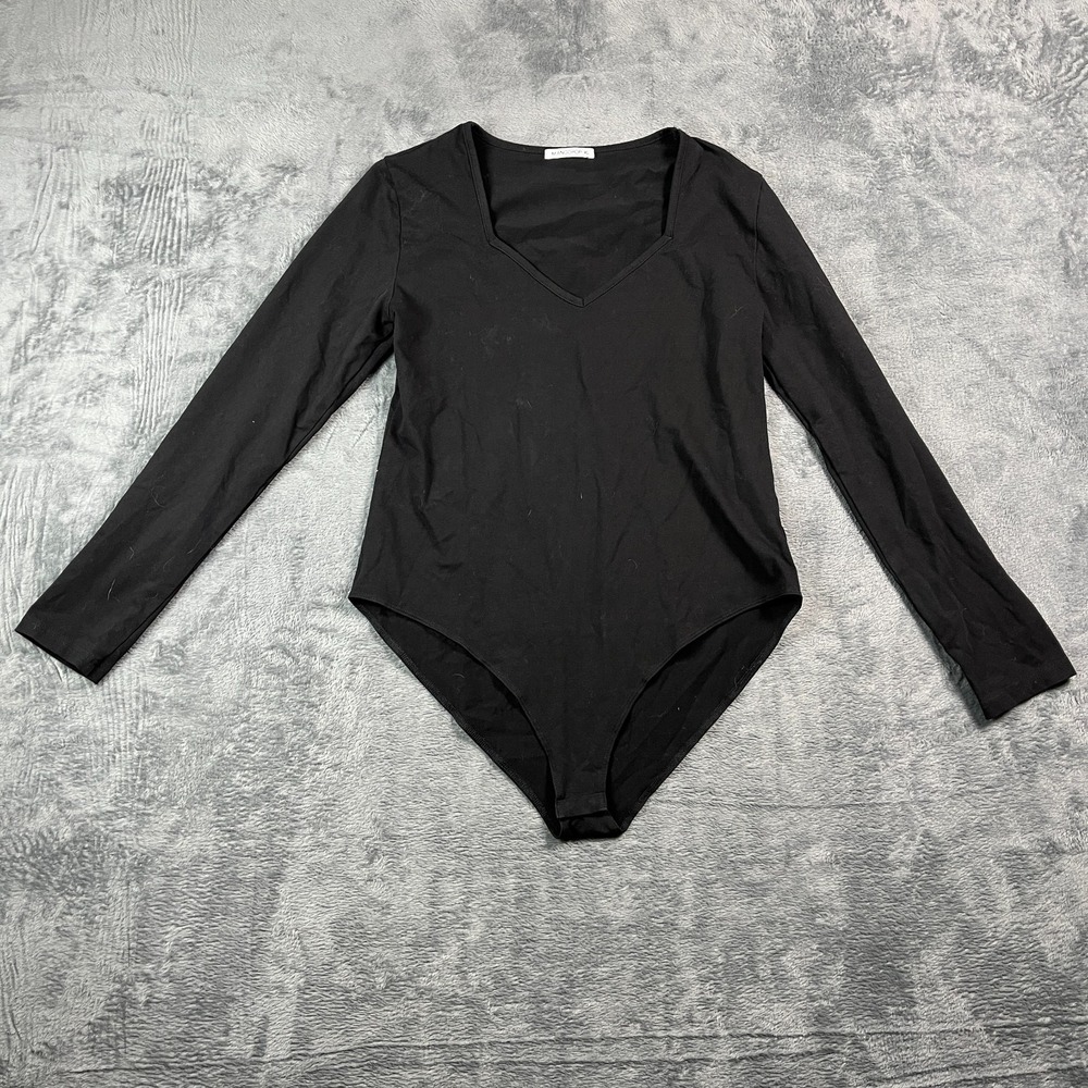 Mangopop Bodysuit Womens XL Black Stretch Sweetheart Neck Long Sleeve Fitted